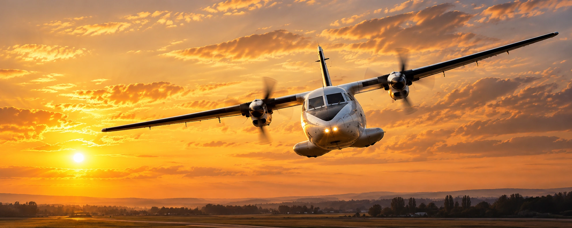 Illustration of an L410 flying through a golden sunset sky