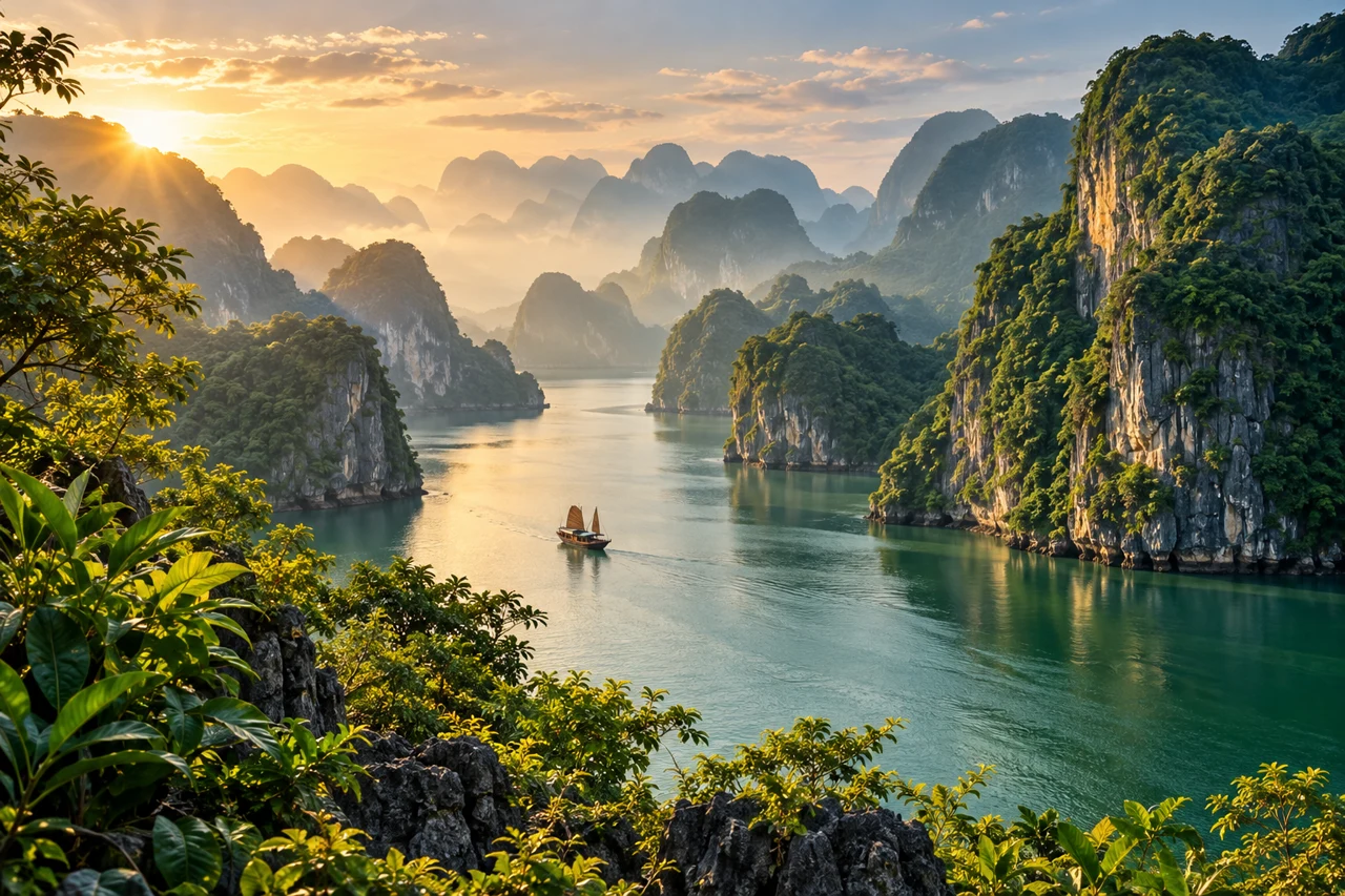 Illustrative landscape inspired by Vietnam’s limestone karsts