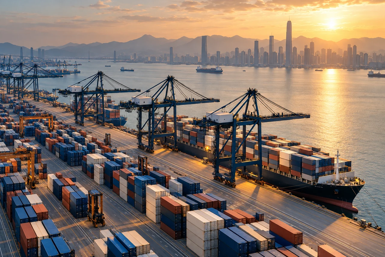 Illustrative container port in warm evening light