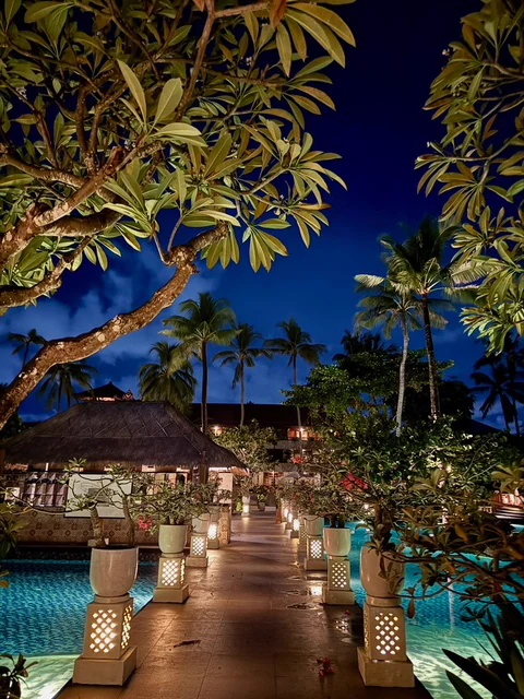 A lantern-lit garden path beneath trees at night