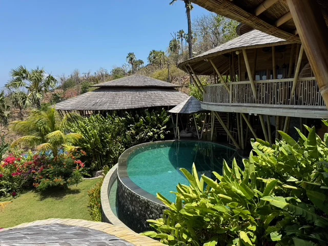 An open pavilion and curved swimming pool in a tropical garden