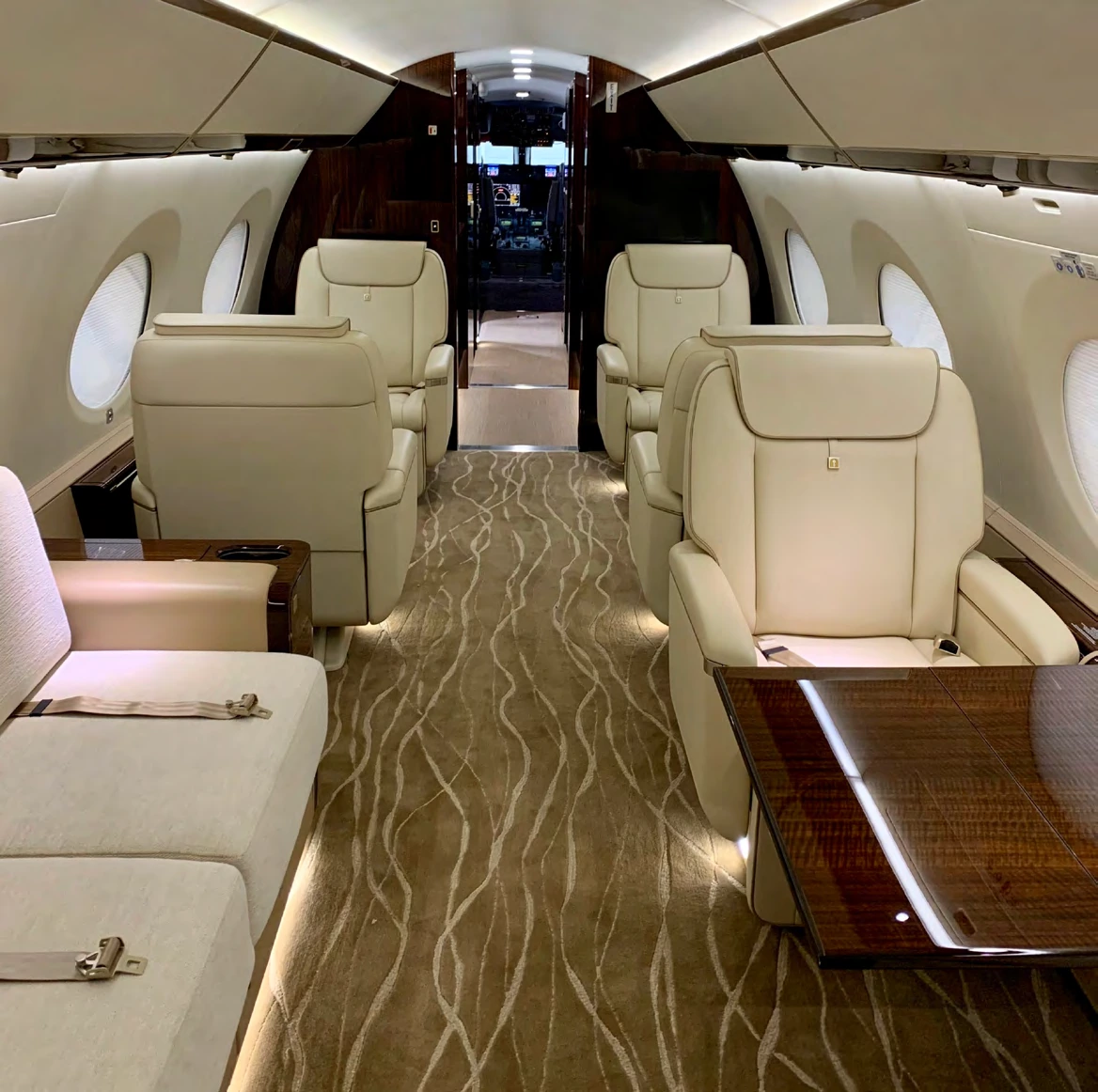 View forward through the G650ER cabin toward the cockpit