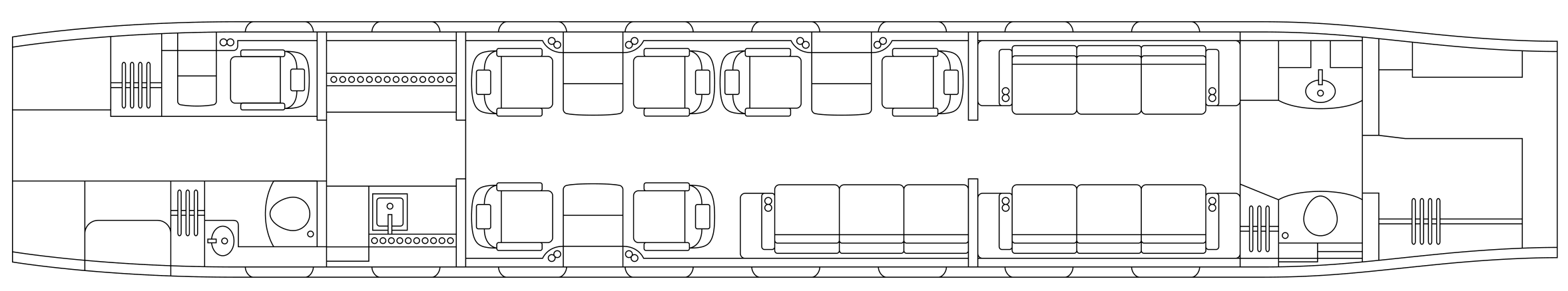 Source floorplan showing forward galley and crew rest, four-place club, mid-cabin divan and club, aft opposing divans, and forward and aft lavatories