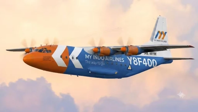 Client-supplied reference visual of an orange and blue Y8F cargo aircraft